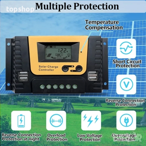 НОВ NUOFUWEI 20A PWM соларен контролер, 12V-48V автоматичен, 4 USB порта, алуминиева сплав..., снимка 6 - Друга електроника - 51572474