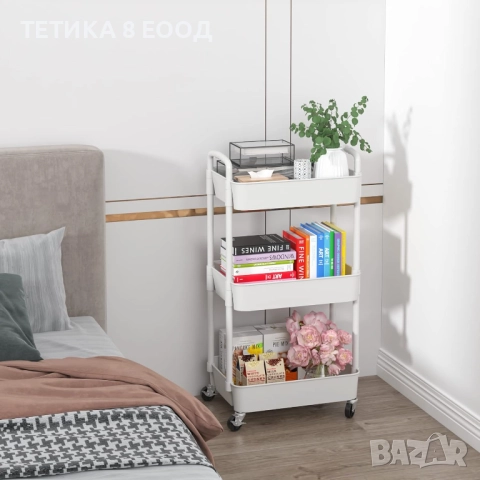 Количка с колела, 3 рафта, 39 x 29 x 76 см, пластмаса/метал, бяла., снимка 6 - Бюфети - 52317546