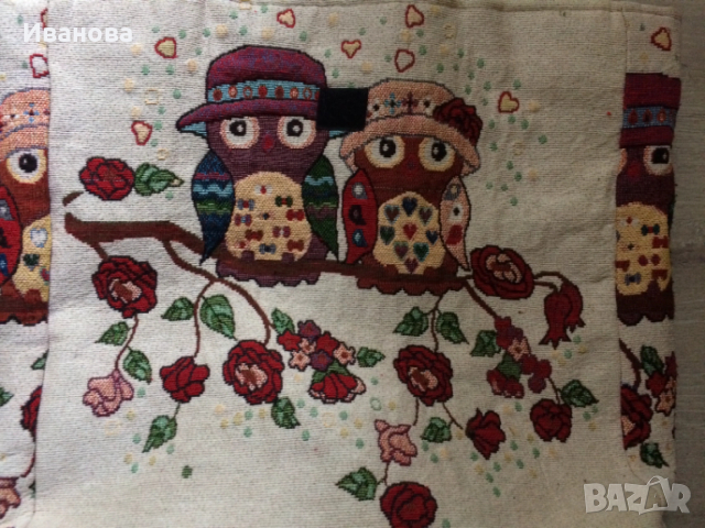 Голяма платняна чанта със совички., снимка 3 - Чанти - 53605387