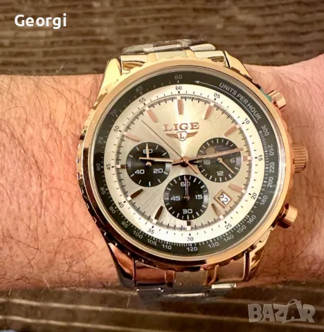 Мъжки класически, луксозен хронограф LIGE *Елегант* Аристократично златист металик !, снимка 8 - Мъжки - 49621415