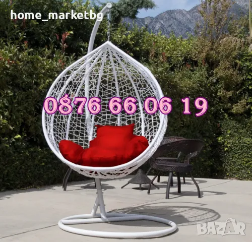 Градинска люлка тип гнездо, ратанова люлка гнездо, бяла с червени възглавници, снимка 3 - Градински мебели, декорация  - 49746711