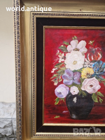 Красив антикварен авторски натюрморт масло върху платно , снимка 7 - Картини - 52990853