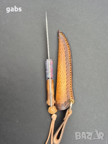 Компактен ловен нож,фултанг дамаска стомана с кожена кания, LN426, снимка 11 - Ножове - 52327576