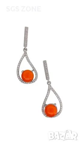 Сребърни Обеци с Оранжев Опал, снимка 2 - Обеци - 49919054