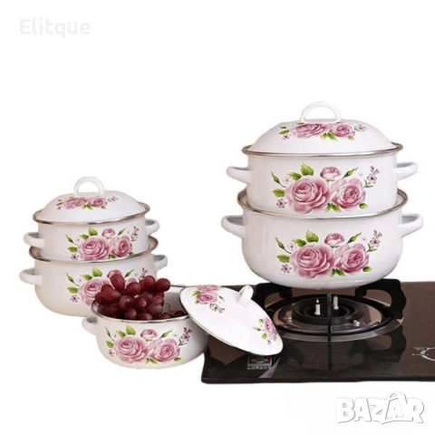 Комплект 5 бр. емайлирани тенджери с незалепващо покритите + капаци ТОП КАЧЕСТВО, снимка 3 - Съдове за готвене - 52894855