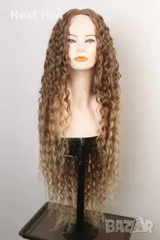 Омбре къдрици 80 см - кафява перука с реалистичен път 13x4x1, снимка 4 - Аксесоари за коса - 52878649