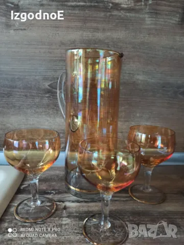 3бр ретро чаши и кана от цветно стъкло с метализирано покритие, снимка 5 - Чаши - 49581070