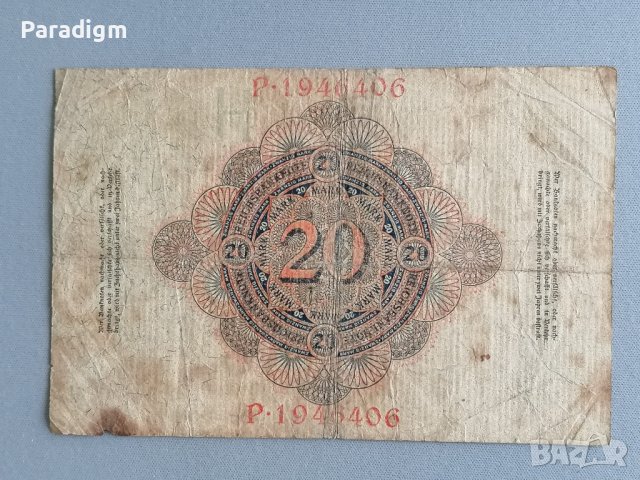 Райх банкнота - Германия - 20 марки | 1910г., снимка 2 - Нумизматика и бонистика - 40448775