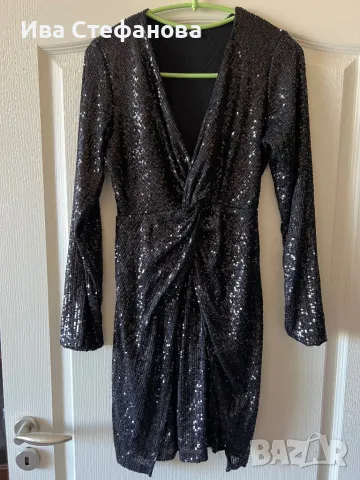  Italy блестяща къса V образно деколте парти коктейлна официална черна еластична  рокля пайети, снимка 8 - Рокли - 47645537