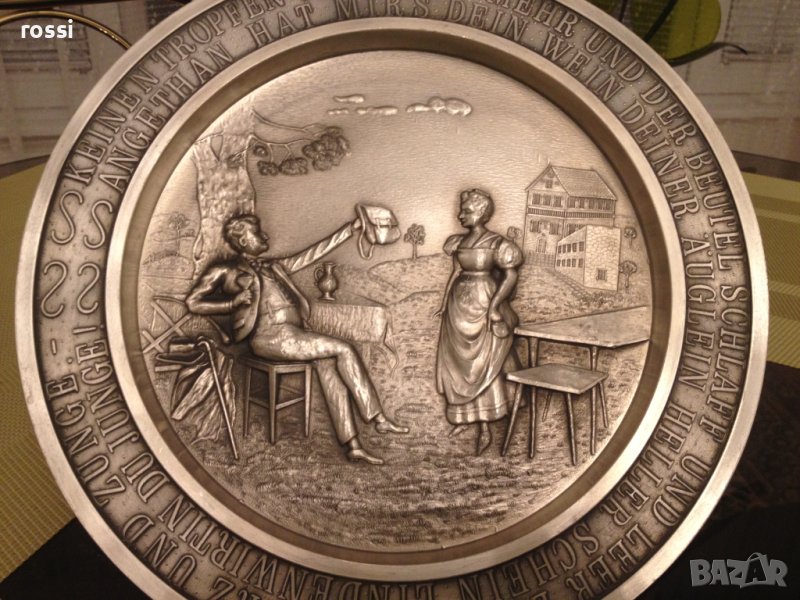 Старинна немска калаена чиния за стена серия Lindenwirthin 23 см. нова, снимка 1