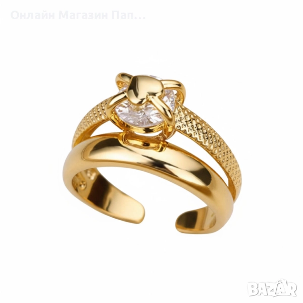 Дамски златист пръстен от неръждаема стомана – Регулируем двоен дизайн с коронен цирконий, снимка 1