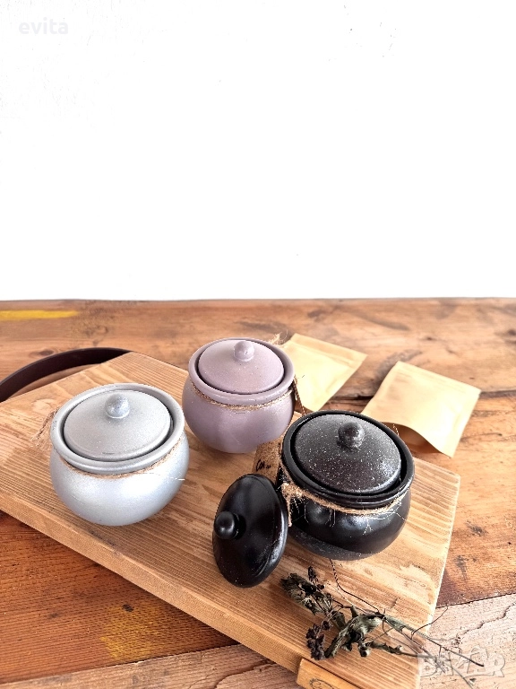 🌿 Бутиков комплект: дървена дъска с кожена дръжка + 4 циментови съдчета + изненада, снимка 1