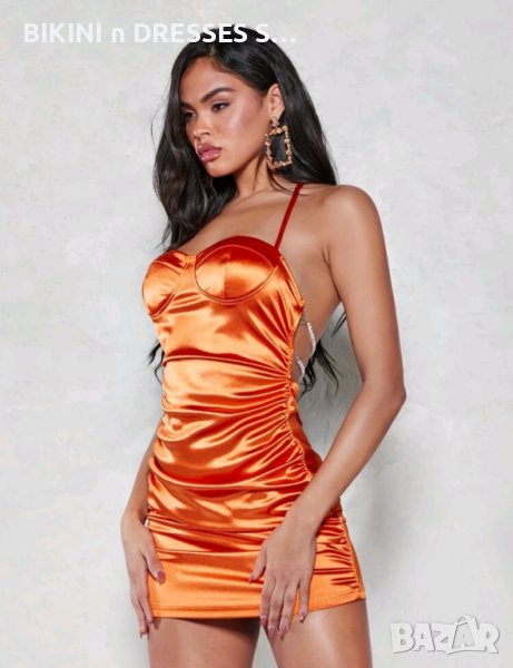 Оранжева рокля с камъни сатен, снимка 1