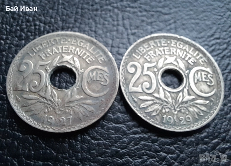 Стара монета 25 сантима 1927 г. и 1929 г. Франция - красиви !, снимка 1