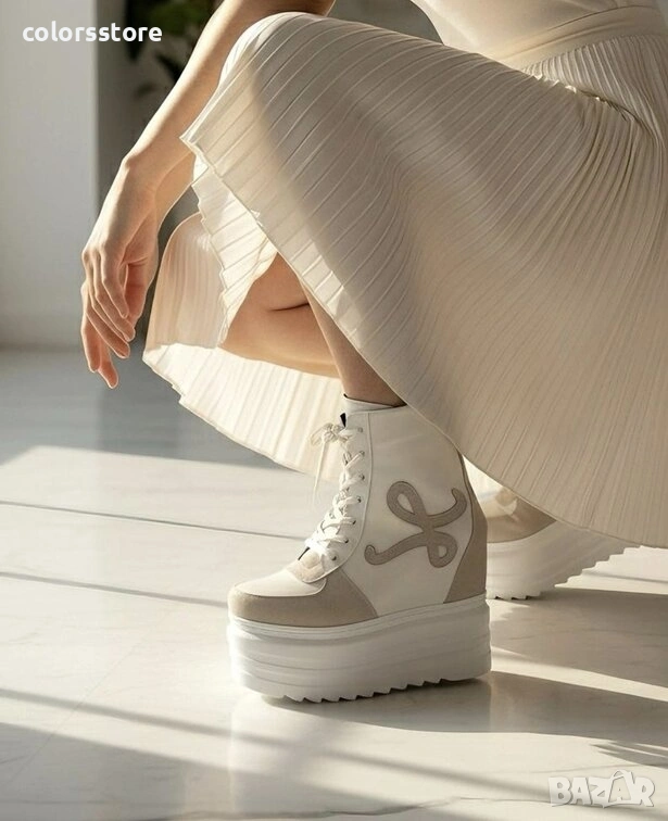 Боти на платформа - бяла кожа със сив велур - BML60 , снимка 1