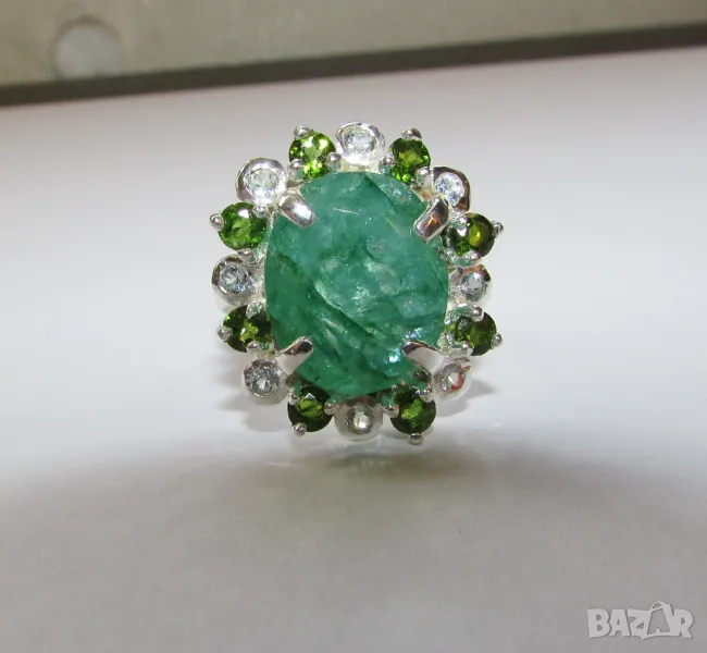 925 сребърен пръстен с зелен берил камък 15x12мм, тотално тегло 7.5гр., снимка 1