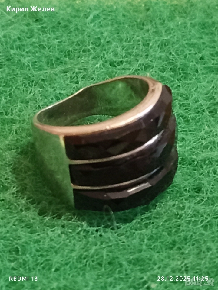 Сребърен пръстен с три реда фасетиран ЧЕРЕН ОНИКС подходящ аксесоар за ежедневието 34042, снимка 1