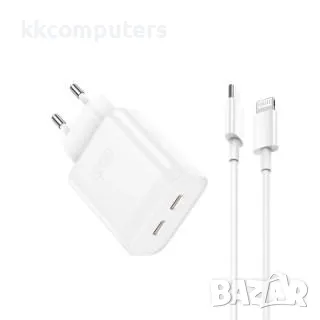 Зарядно/Адаптер 220V XO-L105 / QC 3.0 2xUSB PD 35W + Lightning Кабел / Бял / Баркод : 456283, снимка 1