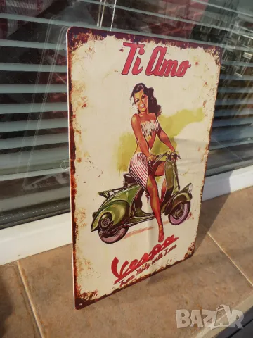 Метална табела Vespa Ti Amo итлианка на ретро мотопед скутер готина, снимка 2 - Рекламни табели - 49832542