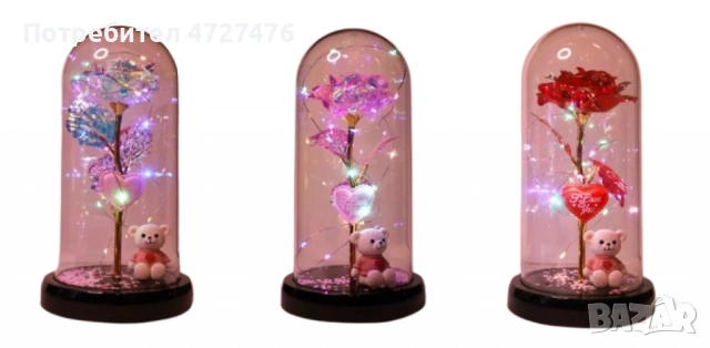 Романтична стъкленица с роза, мече и LED светлини