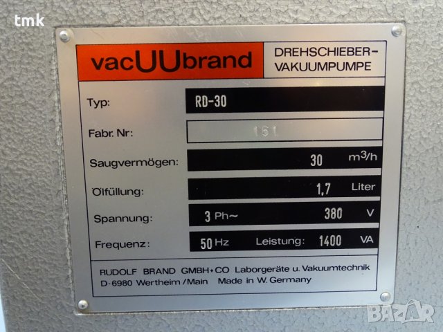Вакуум помпа Vacuubrand RD-30 rotary vane pump 380V 30 m3/h, снимка 3 - Резервни части за машини - 43986931