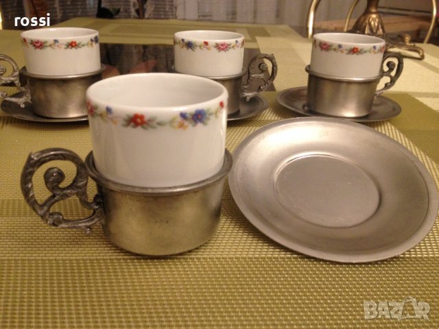 Vintage. Нов. Немски калаен сервиз чаши с подстакани за кафе, ракия, греяна ракия, снимка 3 - Други ценни предмети - 43051549