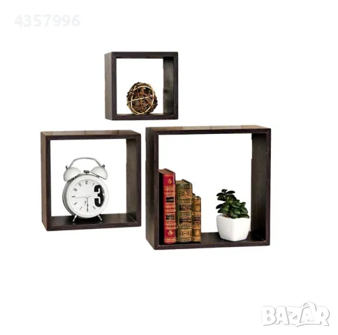 Комплект декоративни рафтове за стена, 3бр., Квадрат, Тъмнокафяви 