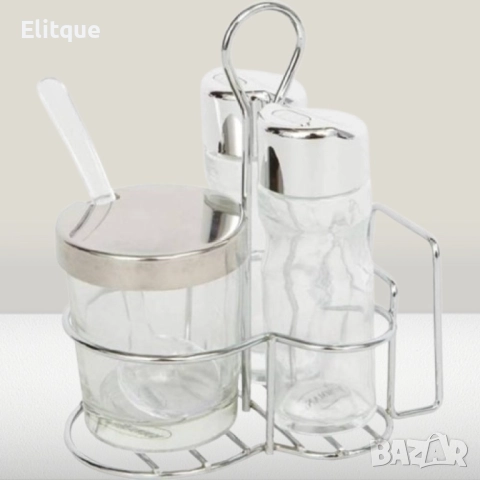 Комплект за маса Bohmann за сол, пипер и захар, поставка с място за салфетки, Стъкло, неръж. стомана