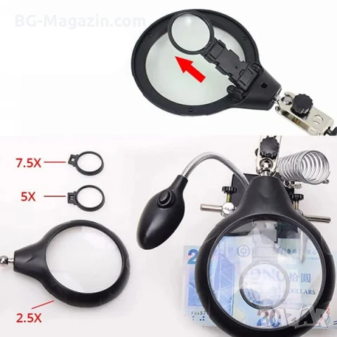 Мощна увеличителна настолна лупа LED лампа свободни ръце лед осветление за запояване платки щипки, снимка 6 - Поялници и запояване - 50921119