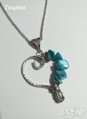 Красиво Арт колие сърце с ковани елементи и натурални камъни Тюркоаз , снимка 2 - Колиета, медальони, синджири - 35354393