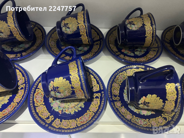 Японски сет от порцелан с кобалтово синьо с позлата ръчно рисувани, снимка 3 - Антикварни и старинни предмети - 44877087