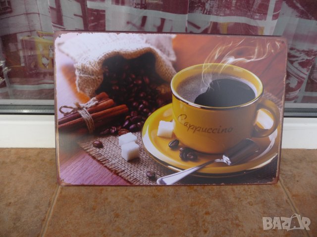 Метална табела кафе дълго капучино лъжичка зебло канап зърна, снимка 1 - Декорация за дома - 43121331