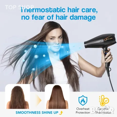 GLAM Сешоар, професионален йонен, мощен променливотоков с дифузер, дюза, концентратор, гребен, черен, снимка 5 - Сешоари - 50159111