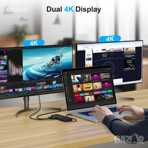 USB C докинг станция за лаптоп, 2 HDMI*4К, 1000Mbps Ethernet, 5 USB A/C порта, слот за SD/TF карта, снимка 2 - Друга електроника - 50007636