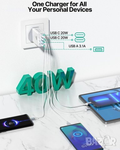 2 броя USB C щепсел, 40 W 4-портов мулти USB щепсел, снимка 3 - Друга електроника - 43734277