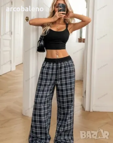 Модни дамски ежедневни карирани широки панталони, снимка 5 - Панталони - 48709161