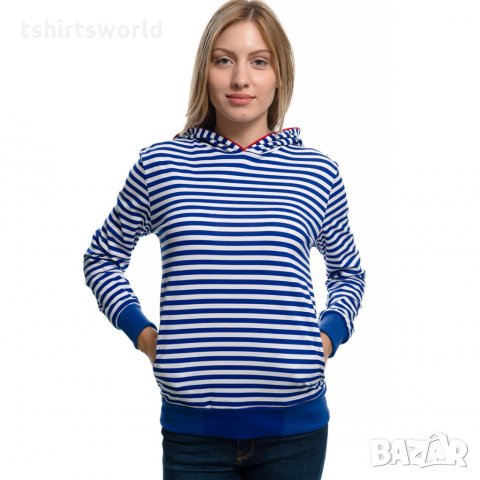 Нов дамски моряшки суичър на синьо/бяло райе, с качулка, снимка 2 - Суичъри - 27537051