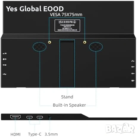 Thinlerain 11.6" портативен HDMI монитор, снимка 3 - Монитори - 53606179
