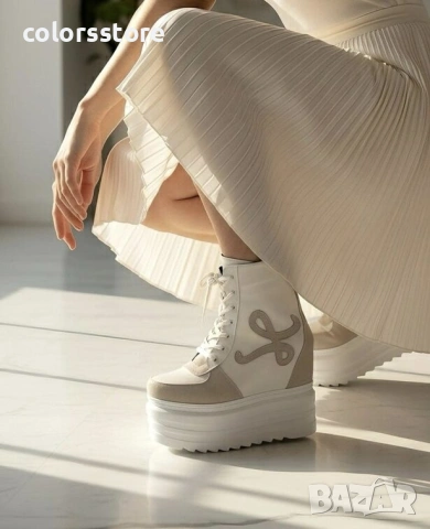 Боти на платформа - бяла кожа със сив велур - BML60 