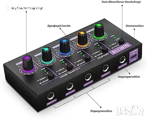 ALLWIN DC5V 4-канален мини аудио миксер 4 в 1 изход Моно и стерео поддръжка за субмиксер