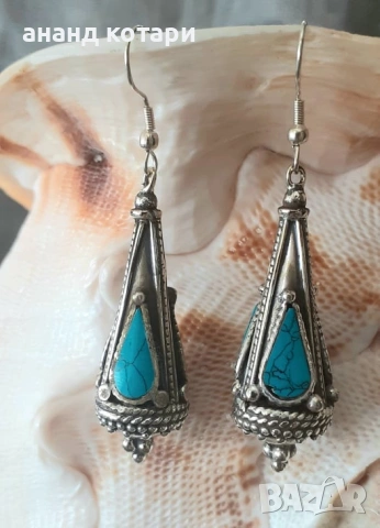 Висящи обеци от Тибет - тюркоаз, лазурит, малахит, снимка 5 - Обеци - 39148038