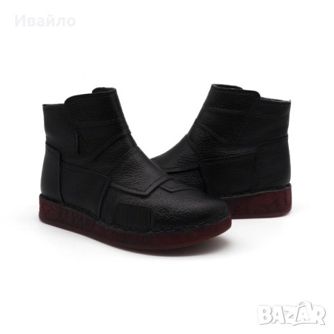 Дамски черни боти от естествена кожа с декоративни панели и мека подметка, снимка 3 - Дамски боти - 52190127