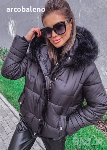 Черно дамско ватирано яке с кожа , снимка 7 - Якета - 52154523