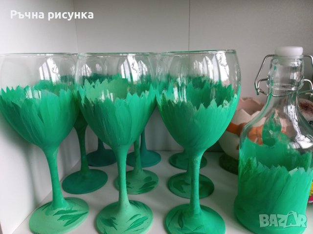 Комплекти чаши и кана в щрихи зелено, снимка 3 - Декорация за дома - 43741426