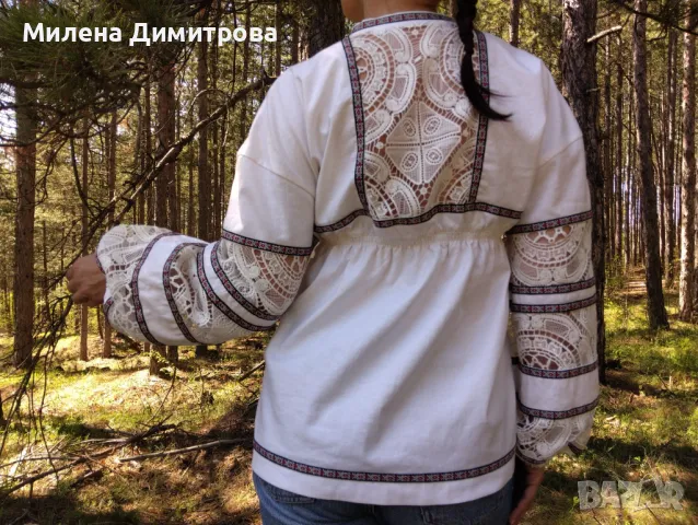 Памучна блуза с етно мотиви и брюкселска дантела , снимка 5 - Ризи - 49975755