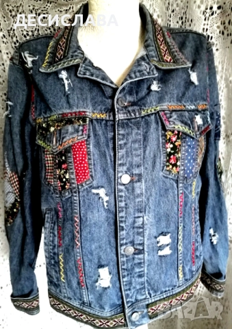 Дънково/деним яке M/L Котки ръчна декорация, снимка 4 - Якета - 52876559