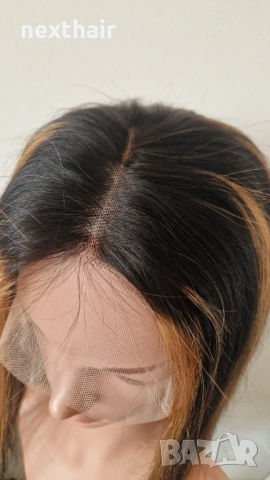 Черна естествена права перука 80 см с руси кичури - Lace Front 13x6, снимка 6 - Аксесоари за коса - 53136147