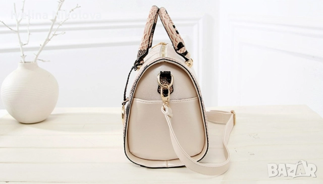 Дамска чанта с декорация от бяла змийска кожа, снимка 3 - Чанти - 52440528