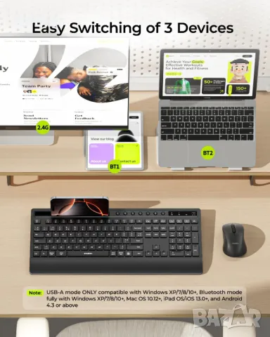 seenda COE201 Bluetooth клавиатура и мишка с държач за телефон и поставка за длани за Windows и Mac, снимка 2 - Клавиатури и мишки - 49879928