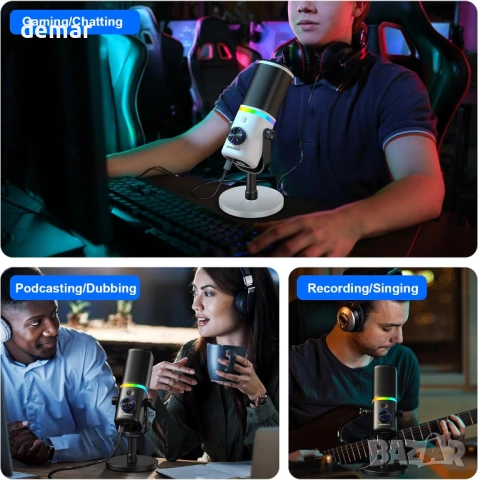 Микрофон Aokeo USB/XLR динамичен настолен микрофон с RGB светлина, бял, снимка 8 - Микрофони - 53427741